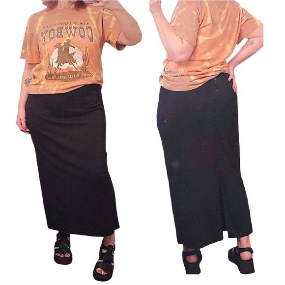 VTG Y2K 90s Black Whimsigoth Pull On Straight Midi Skirt With Slit Large - Picture 1 of 8